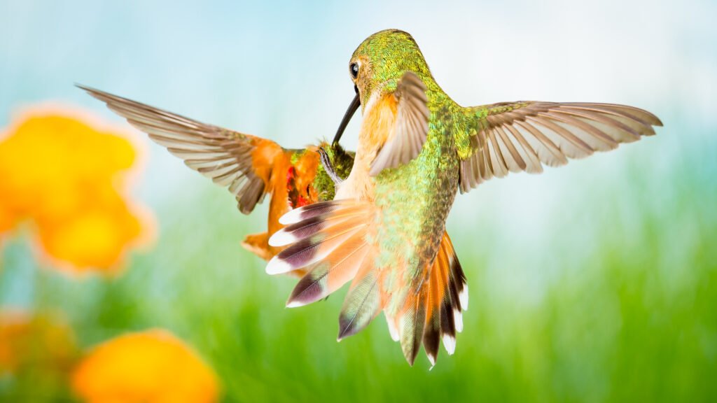 Allens hummingbirds fighting in front of yellow flowers.jpg